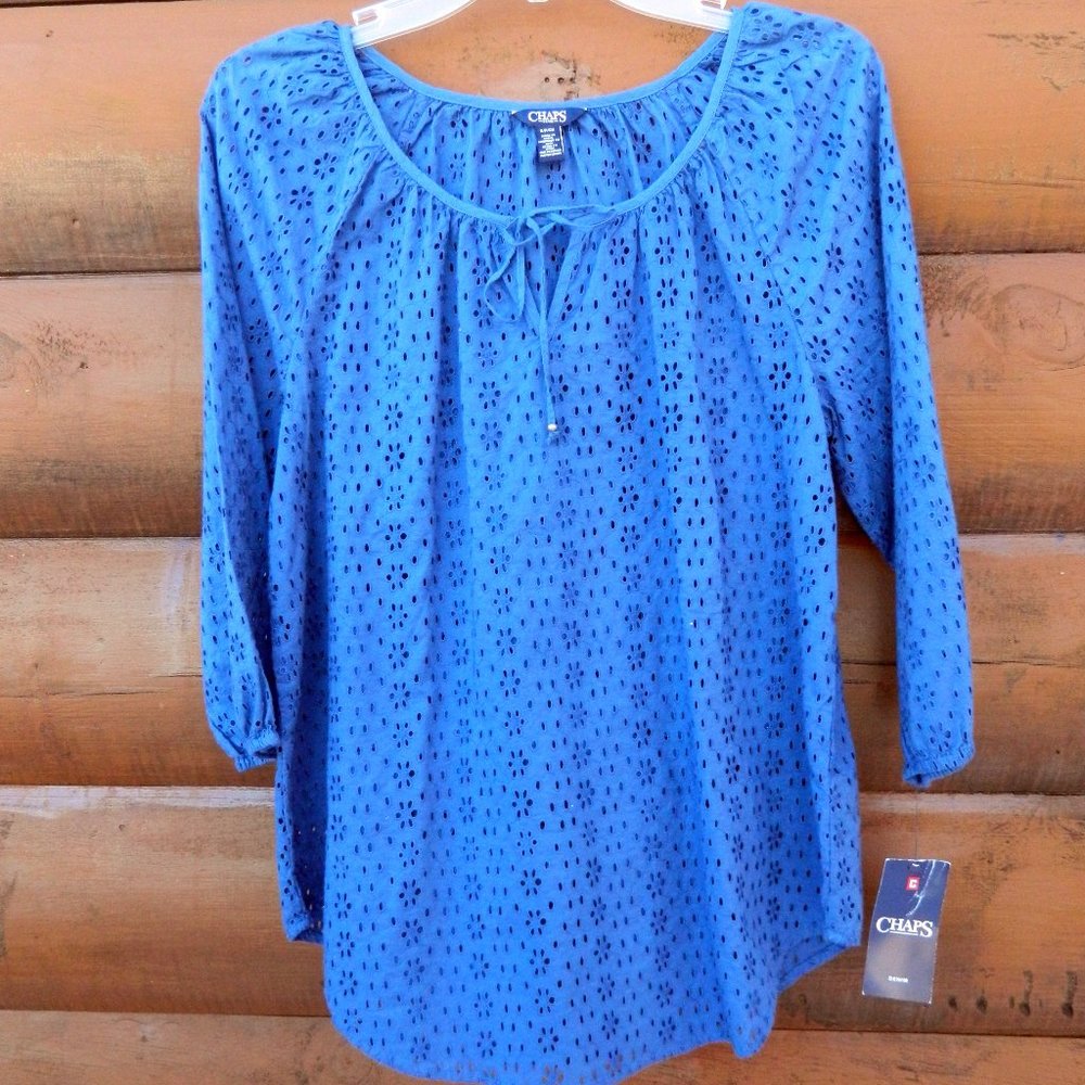 CHAPS-Blue-TIE NECK-PUFF SLEEVE PEASANT TOP-SIZE-SP-NWT-$60